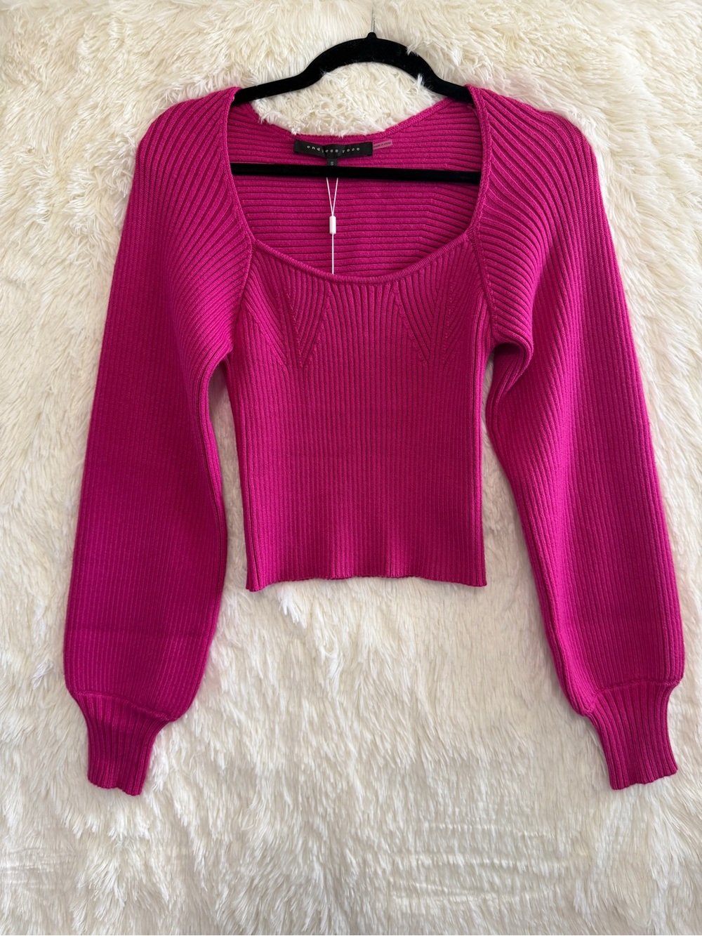Endless Rose Womens Ribbed Bishop Sleeve Sweetheart Top Size S Fuchsia Pink NWT